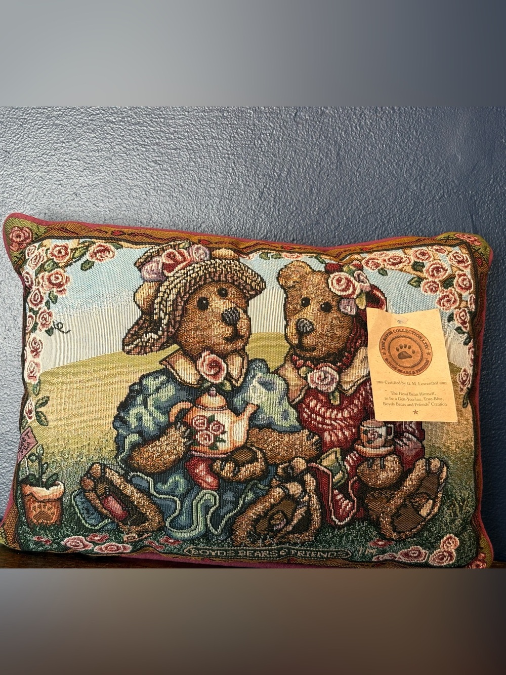 Vintage Boys Bears Toss Pillow Tapestry Excellent Condition